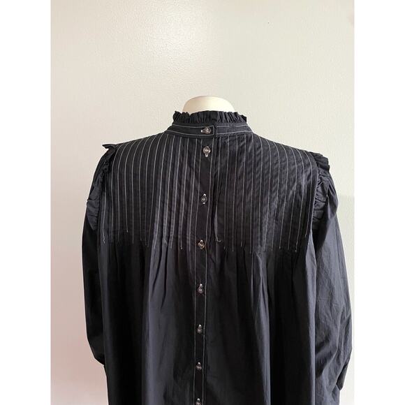 Ganni Women's Black Pintucked Cotton-Poplin Contrast Stitch Dress Size 36 Small - Picture 10 of 16